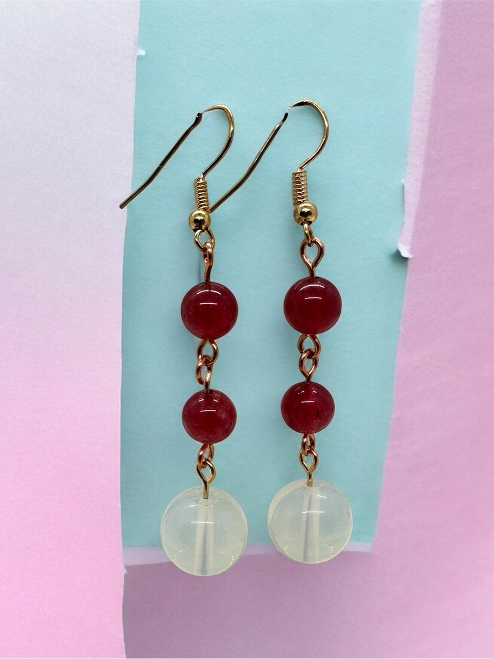 Red & White Beaded Dangle Earrings Gold Tone Handmade Jewelry